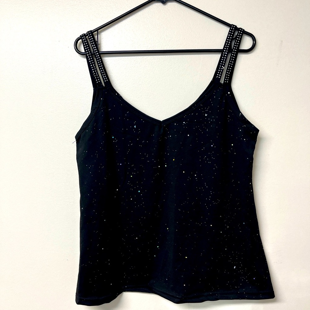 Black strap LG sleeveless top. 2 straps each side with rhinestones,PP 20” NIP